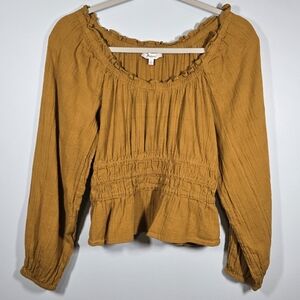 Madewell Sophia Peplum Prairie Top Mustard Yellow Boho Long Sleeve Blouse Medium